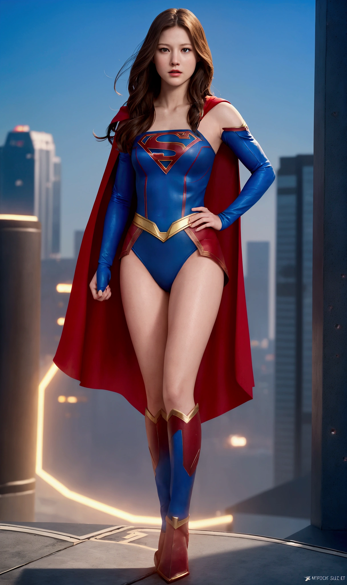 masterpiece, best quality, photorealistic, cinematic, ultra-detailed, 8k, wide shot, full body, 1 sexy girl in a fighting stance on the rooftop, both fists in front, perfect anatomy, expressive eyes, perfect hands, long round legs, large breasts, both fists in front, Produce a high-quality artwork with a focus on capturing Melissa Benoist as Supergirl in stunning and alluring detail. Render the artwork with precision, striving for a photorealistic portrayal. Highlight Supergirl's iconic costume: a vibrant blue bodysuit with a bold "S" emblem on her chest, a flowing red cape, and golden accents. Ensure that the suit showcases her strength and grace. Emphasize Melissa Benoist's warm and confident expression, reflecting Supergirl's unwavering dedication to justice and compassion. Incorporate a dynamic and heroic pose that illustrates Supergirl's power and readiness for action. Set the scene against a cityscape or a clear sky, with hints of her ability to fly and protect the world.