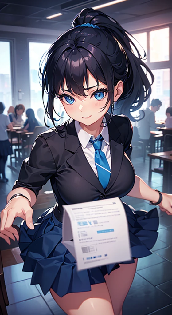 ((semi-long, Highest quality, High resolution, Hmph, Pixel perfect, 4K, Hmph, Hmph))), One Girl, single, alone, Beauty、 ((  Black Hair、ponytail)), ((Big blue eyes, Beautiful eyelashes, Realistic eyes、Double)), ((Detailed smile, )), ((Smooth texture:0.75, Realistic texture:0.65, Realistic:1.1, Anime CG style)), Big Breasts, Perfect body, school uniform、skirt、tie
