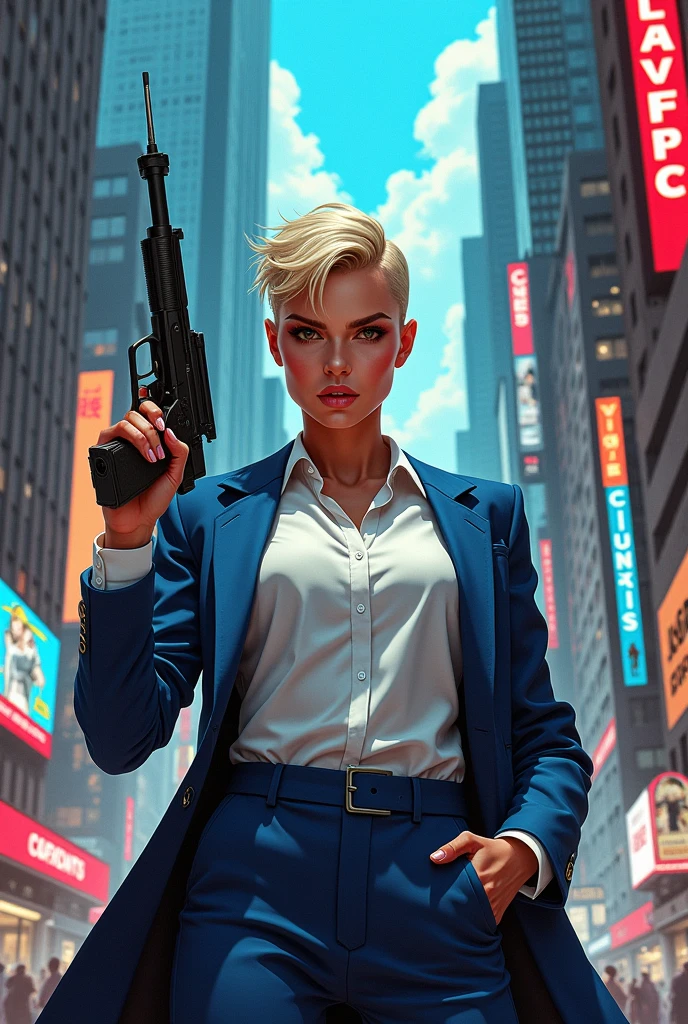 Woman with short shaved blonde hair wearing a white button-down shirt with a blue jacket pointing a gun forward and holding a syringe in the other hand in the middle of a comic book city