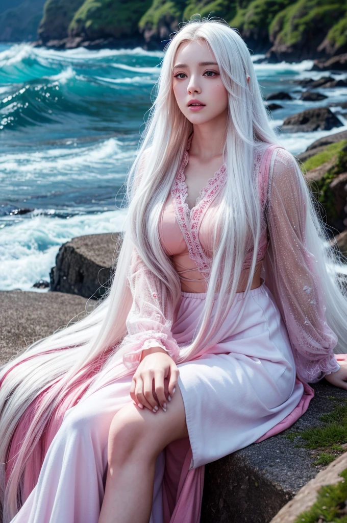 A beautiful girl with long white hair, bright pink eyes, sitting in a wuthering waves style landscape, detailed facial features, detailed clothing, extremely detailed and realistic, masterpiece, 4k, ultra-detailed, photorealistic, vibrant colors, dramatic lighting, intricate details, elegant and serene