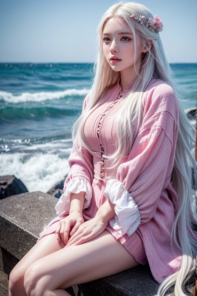 A beautiful girl with long white hair, bright pink eyes, sitting in a wuthering waves style landscape, detailed facial features, detailed clothing, extremely detailed and realistic, masterpiece, 4k, ultra-detailed, photorealistic, vibrant colors, dramatic lighting, intricate details, elegant and serene