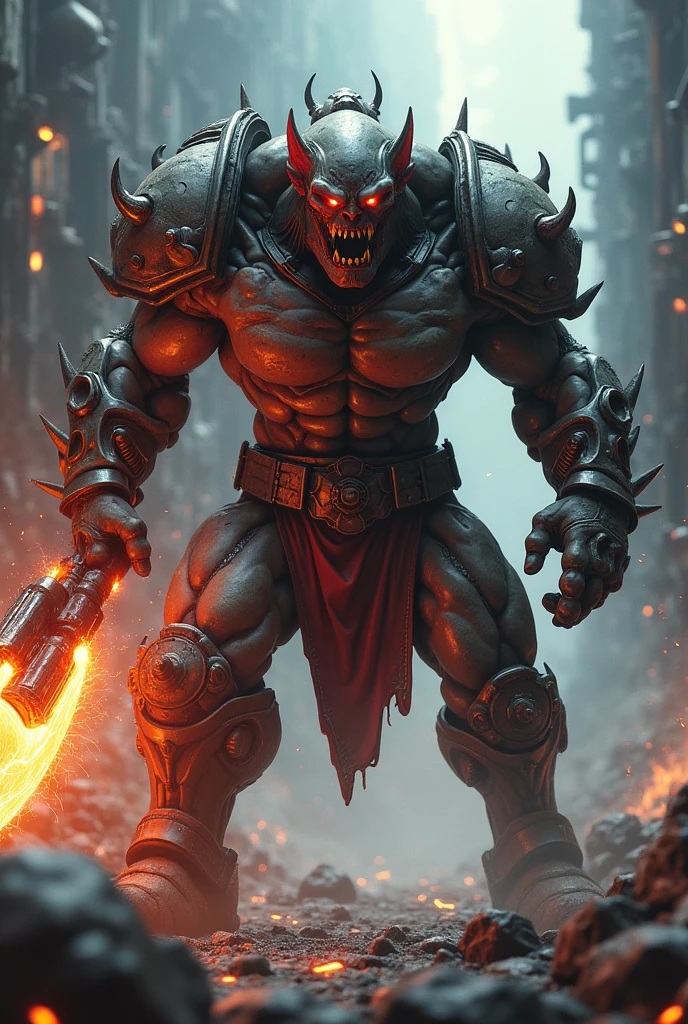 Orc Cyborg Fights with Plasma Axe. in a rage