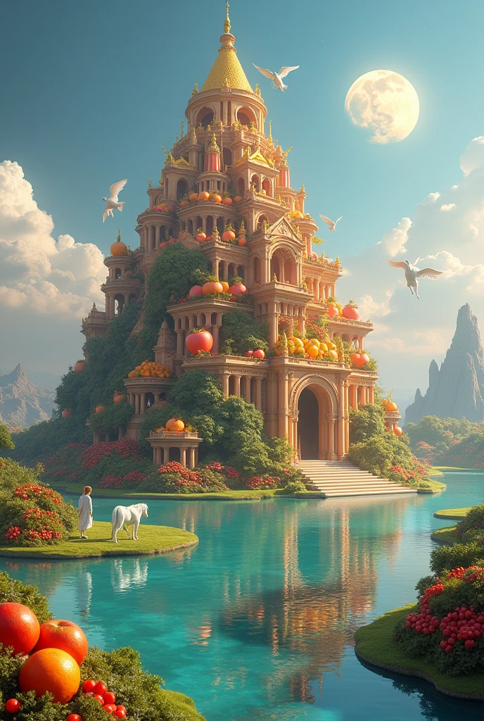 Extremely big Heaven Palace in a big area made of   fruits and in front of this palace a flying horse besides it . And a full moon is giving light small angels are walking around . And in front of this palace a river of fresh water is flowing . And  this palace is on fresh water where it's shadow is clear 