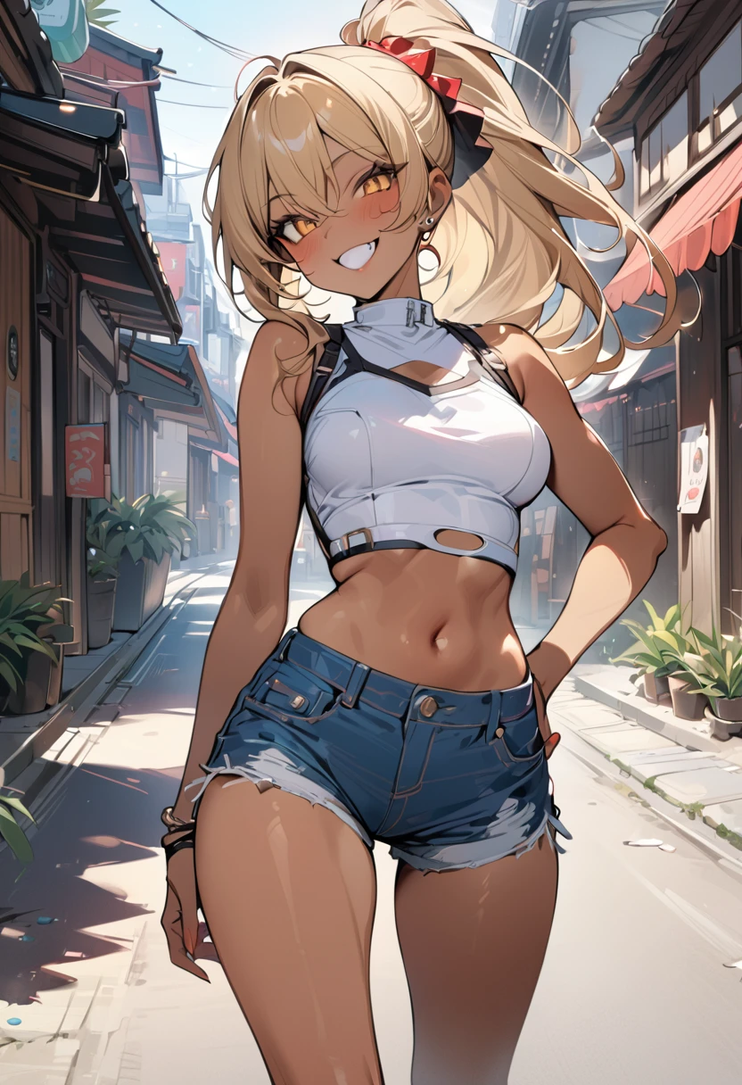 (masterpiece, best quality:1.5), (high resolution 8K), detailed eyes and face, detailed body, 
BREAK 1 girl, japanese girl, longhair, ponytail, blonde hair, blonde eyes, wave hair, (mascara:1.2), (tan skin, dark skin:1.2), double teeth, fang, (piercing:1.2), medium breasts, 
BREAK White sleeveless top, denim shorts, white sneakers, sunglasses, 
BREAK holding a cold drink, hand on hip, 
BREAK (playful smile:1.3), carefree and cheerful atmosphere, 
BREAK walking down a sunlit street, with palm trees and a beach in the background