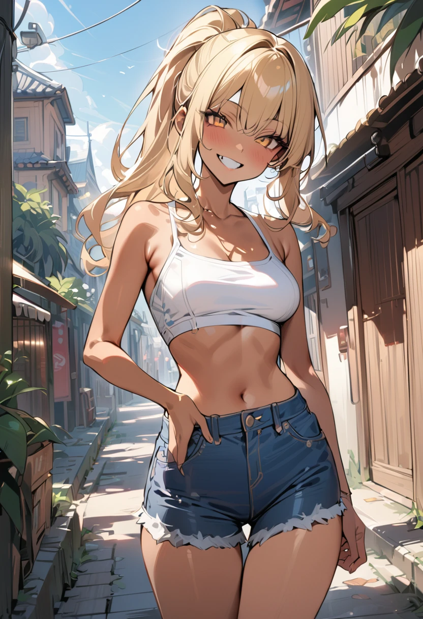 (masterpiece, best quality:1.5), (high resolution 8K), detailed eyes and face, detailed body, 
BREAK 1 girl, japanese girl, longhair, ponytail, blonde hair, blonde eyes, wave hair, (mascara:1.2), (tan skin, dark skin:1.2), double teeth, fang, (piercing:1.2), medium breasts, 
BREAK White sleeveless top, denim shorts, white sneakers, sunglasses, 
BREAK holding a cold drink, hand on hip, 
BREAK (playful smile:1.3), carefree and cheerful atmosphere, 
BREAK walking down a sunlit street, with palm trees and a beach in the background