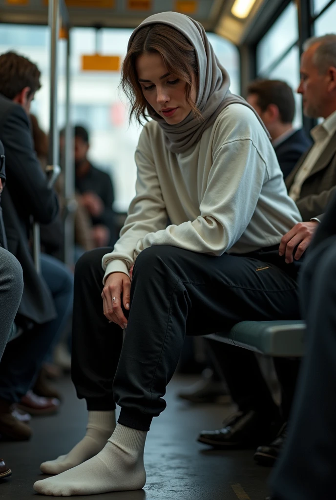 Sexy skinny girl with headscarf on the bus, white long sleeve t shirt, black sweatpants , woman in white socks. While sitting on the bus seat, he rubs his foot on the pants of the man next to him
