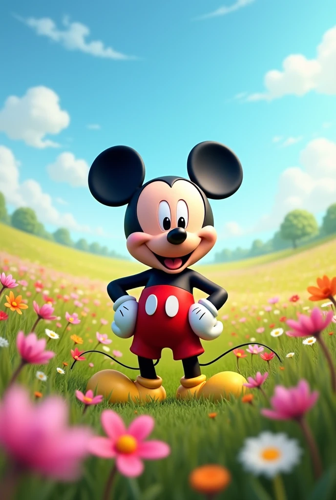 Mickey mouse in a field full of flowers smiling