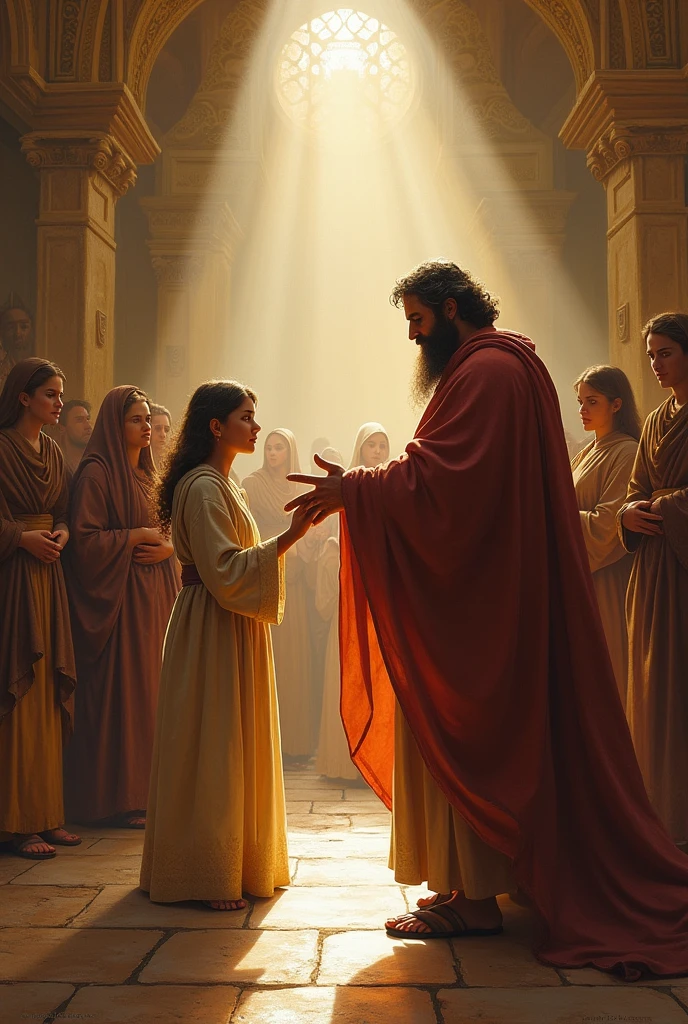 Hannah bringing Samuel to the temple, with a look of determination and love. The temple is depicted as a sacred and welcoming place, reflecting the importance of the occasion.
Hannah presenting Samuel to Priest Eli, with a gesture of devotion and a face of trust in God.