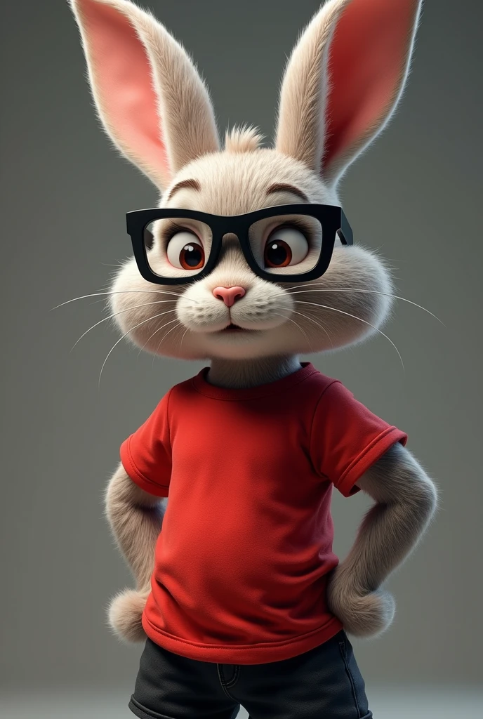 A sigma bunny whose wearing a black glasses and a red t shirt with black shorts