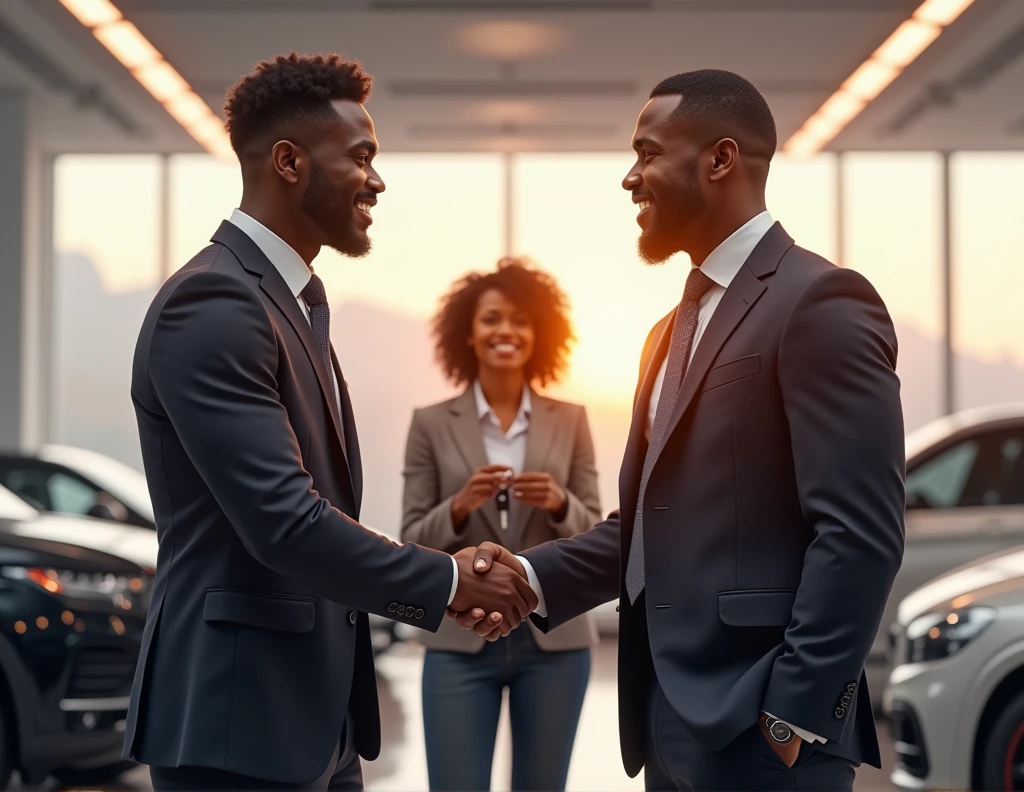 Image de deux homme afroamericain, qui se donne une poignet de main ferme avec une femme afroamericaine en arrière plan qui tient les clé d'une voiture dans une concession automobile