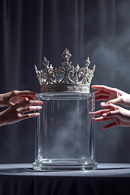 (bookcover), large silver wedding crown, Wedding crown in a glass box on the table, There is a large stage space under the glass box wedding crown, dark background, Many hands from the right and left sides want to grab the wedding crown, perfect hands.