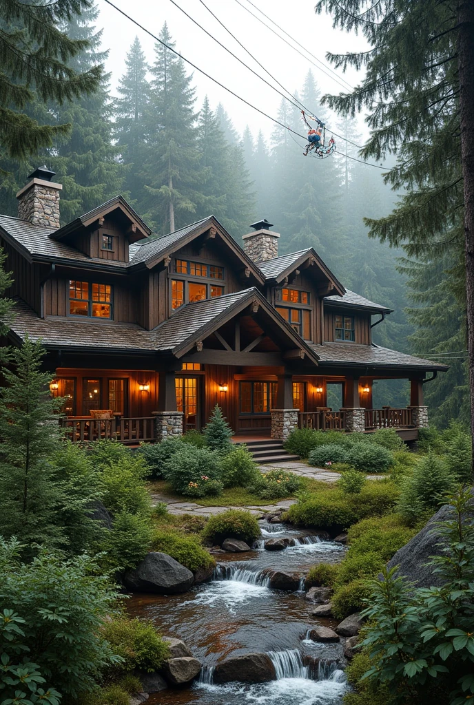 Rustic hotel in the woods that has a zipline