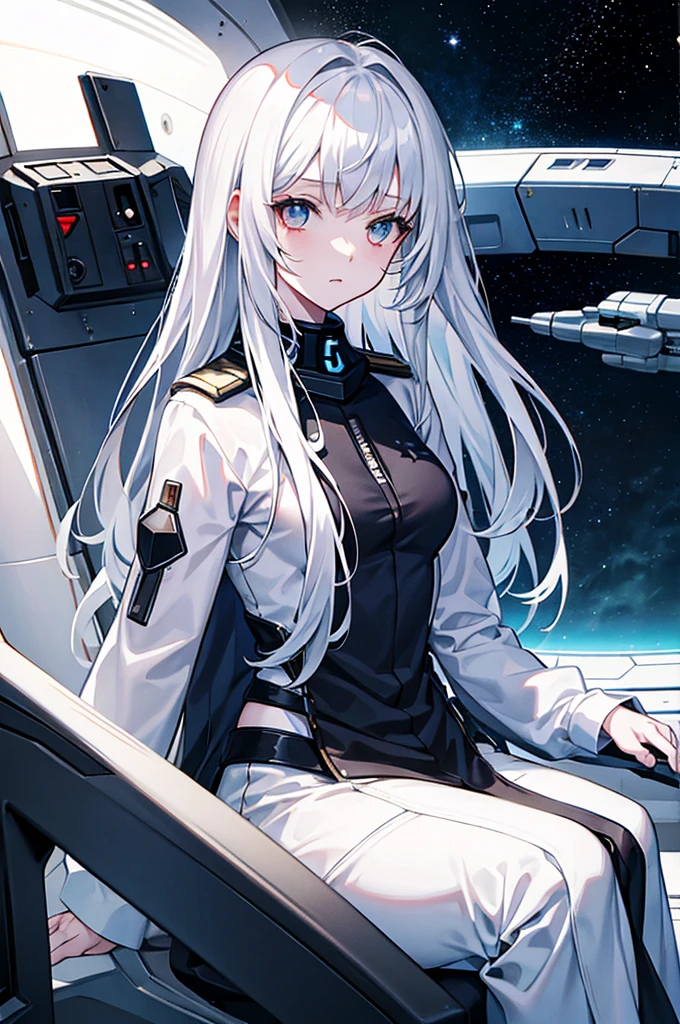 White hair，Girl，Space battleship，Gloomy environment，Masterpiece，high quality