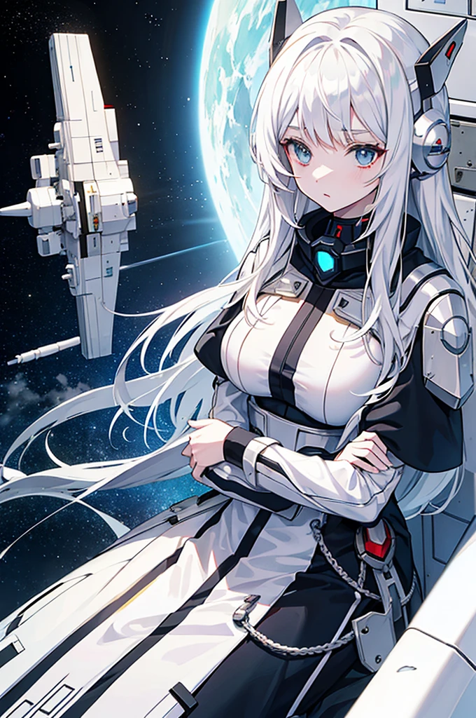 White hair,Girl,Space battleship,Gloomy environment,Masterpiece,high quality