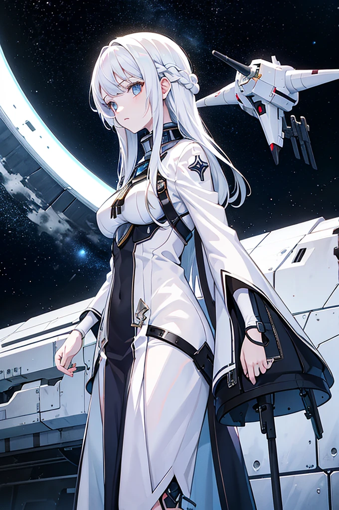 White hair，Girl，Space battleship，Gloomy environment，Masterpiece，high quality