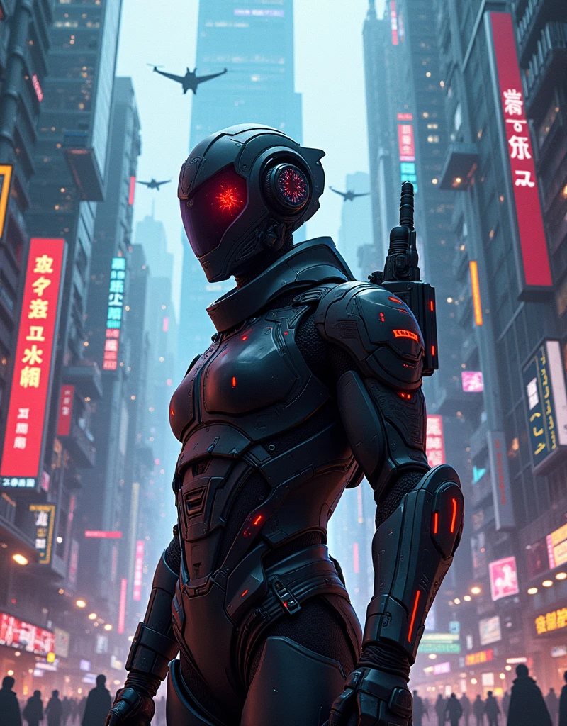 create an illustration of a citizen of capital city in the cyberpunk age
