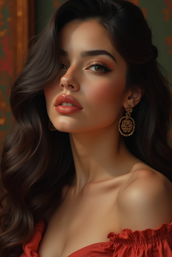 beautiful detailed eyes, beautiful detailed lips, extremely detailed eyes and face, long eyelashes, cinematic portrait, voluptuous Caucasian woman, oil painting, hyperrealistic, dramatic lighting, high contrast, rich colors, cinematic composition, elegant, sensual, photorealistic, 8k, best quality, masterpiece