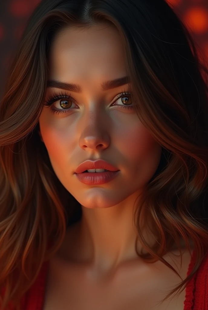 beautiful detailed eyes, beautiful detailed lips, extremely detailed eyes and face, long eyelashes, cinematic portrait, voluptuous Caucasian woman, oil painting, hyperrealistic, dramatic lighting, high contrast, rich colors, cinematic composition, elegant, sensual, photorealistic, 8k, best quality, masterpiece