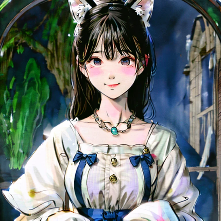 scary photos,Gothic horror masterpiece,There is ethereal transparency and high behind spirit,Someone has a face,Beautiful female doll,behind,feeling of horror,Uncanny Valley,There is a spirit behind it,Gorgeous clothes,There is a drop shoulder,There is leakage on the chest 1 girl,Blushing, Chest, long hair, looking at the audience, Smile, Bangs, jewelry, Maid tiara, masterpiece, quality, Very detailed, Replica animal ears, Blushing, Smile, subjective perspective, Vertical painting style, Maid tiara, bead necklace, There are flowers on the head, movie lighting effects, anime style, role conception, concept art, Unreal Engine,