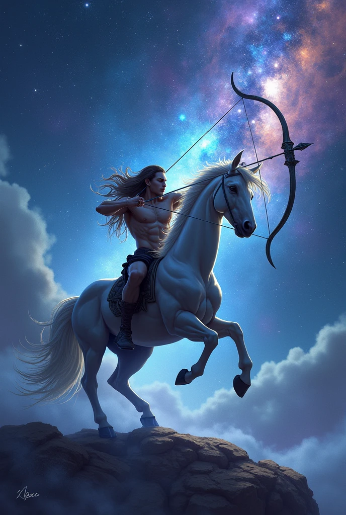 Create an image of the Sagittarius zodiac sign featuring a powerful centaur archer. The centaur should be muscular, with flowing hair, holding a drawn bow aimed at the stars. The background should be a cosmic space scene, filled with galaxies, nebulae, and twinkling stars. The color palette should blend deep blues, purples, and starry whites, capturing the mystic and epic nature of the Sagittarius sign.