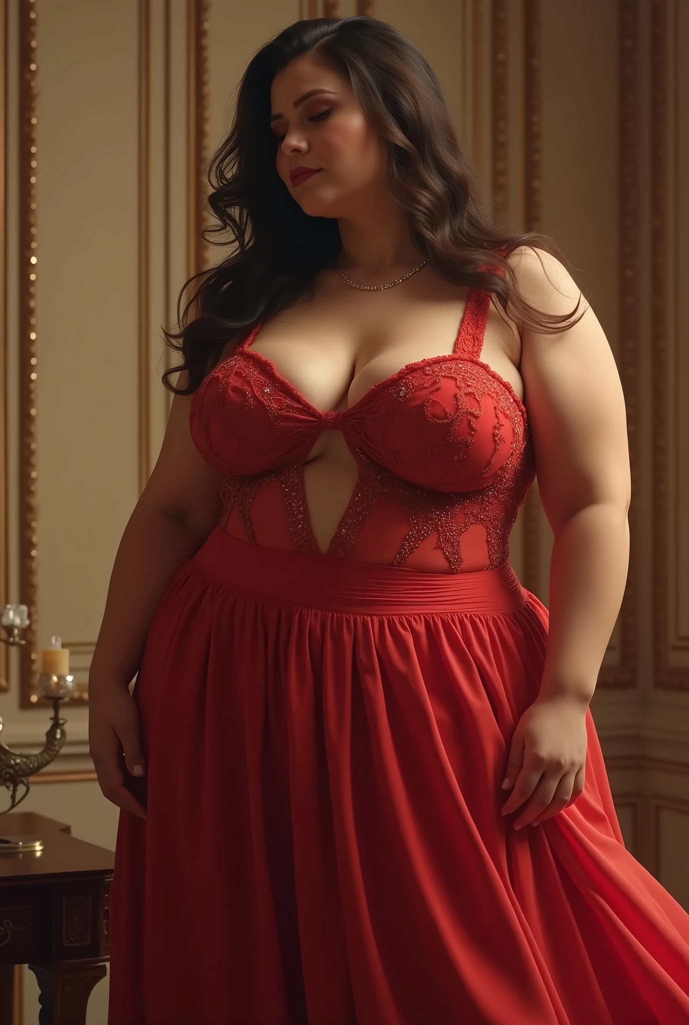A beautiful, chubby woman, curvy figure, big butt, sensual pose, intricate details, detailed facial features, elegant dress, warm lighting, photorealistic, cinematic composition, vibrant colors, hyper realistic, award winning digital art