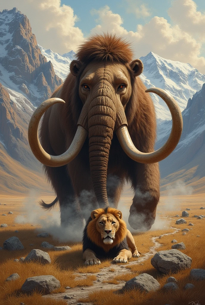 Create a picture of a mammoth that just won a fight with a lion
