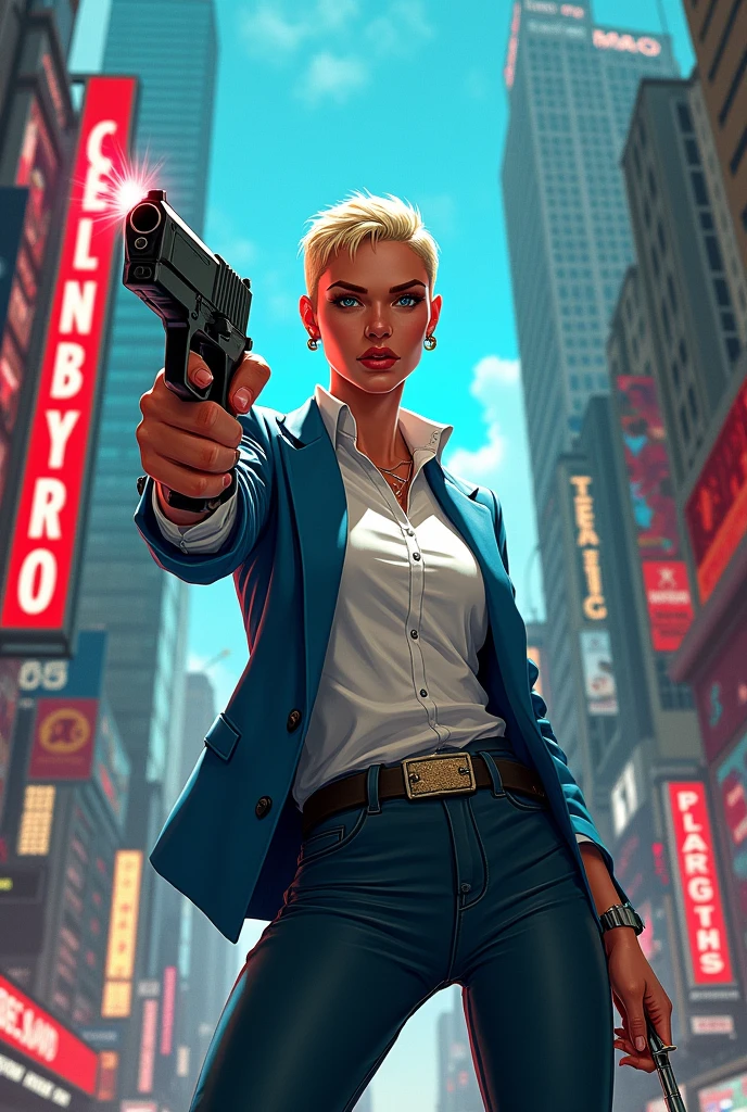 Woman with short shaved blonde hair wearing a white button-down shirt with a blue jacket pointing a gun forward and holding a syringe in the other hand in the middle of a comic book city