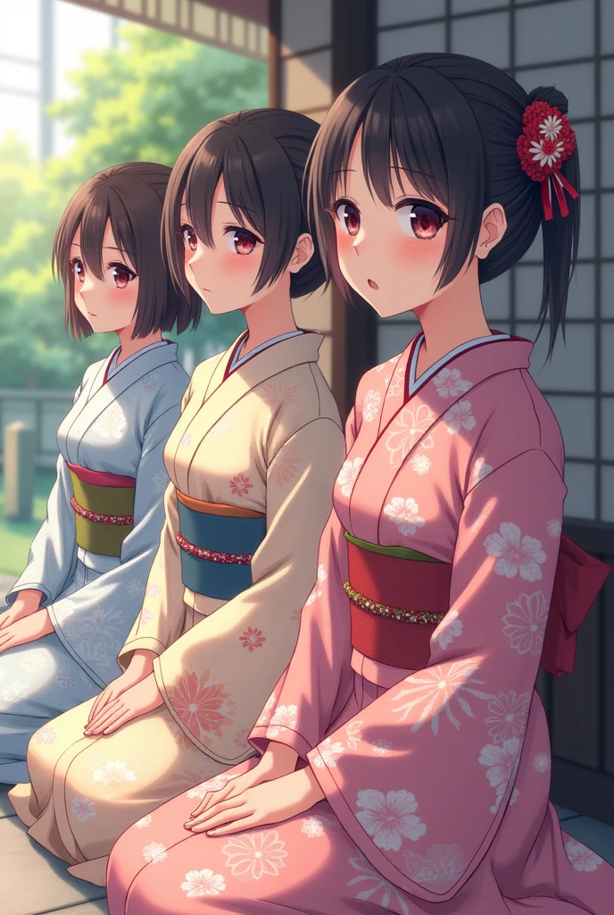 Kimono Girls、Demure、Lady、moderate、Kimono Beauty、Anime-style expressive faces、bow、Troubled face、Beautiful features