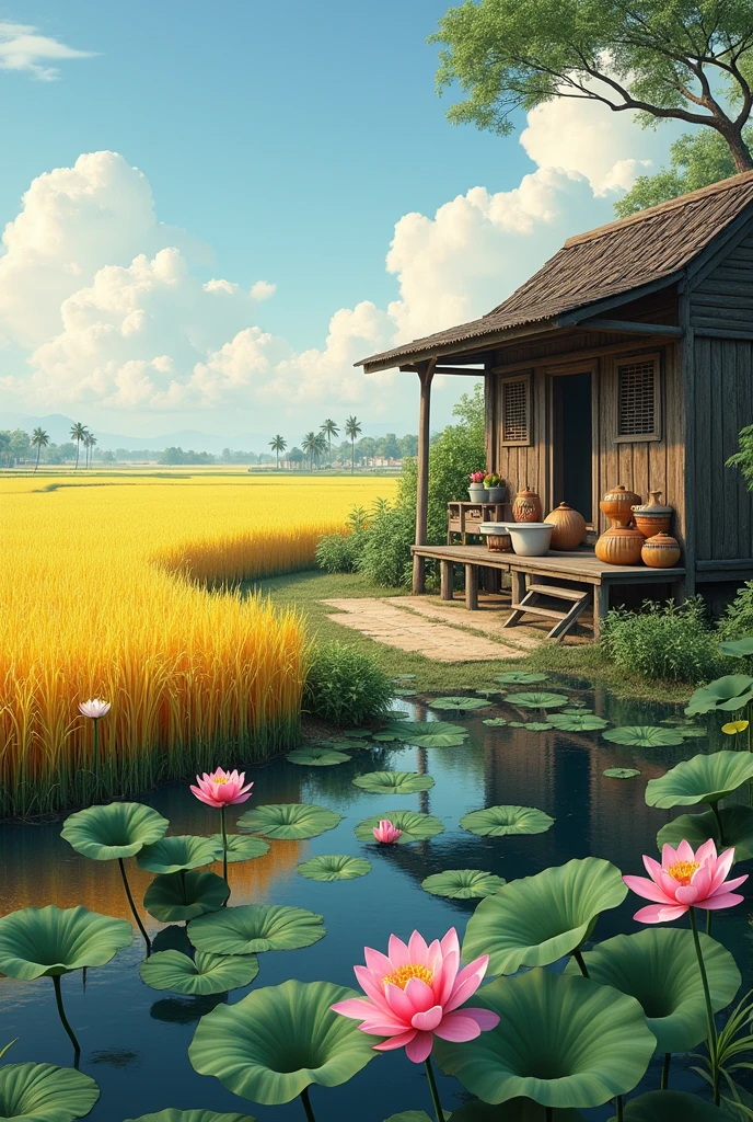 Give me a realistic picture of an old Vietnamese kitchen next to a golden rice field with a pond of blooming lotus flowers.