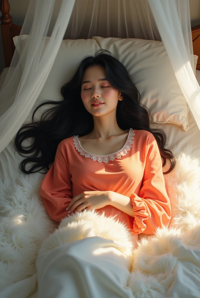 On the bed, There is a mosquito net on the side. beautiful, Kind young woman wearing long sleeves, Brightly colored nightgowns. Her long, Black hair flowing. her eyes are closed, She is happy, She is covered in a fluffy white blanket.. oil, three-dimensional painting, Art Section, Professor Chalermchai.