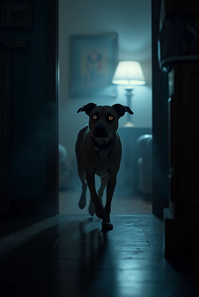 A dog came out of the dark corner of the room.
