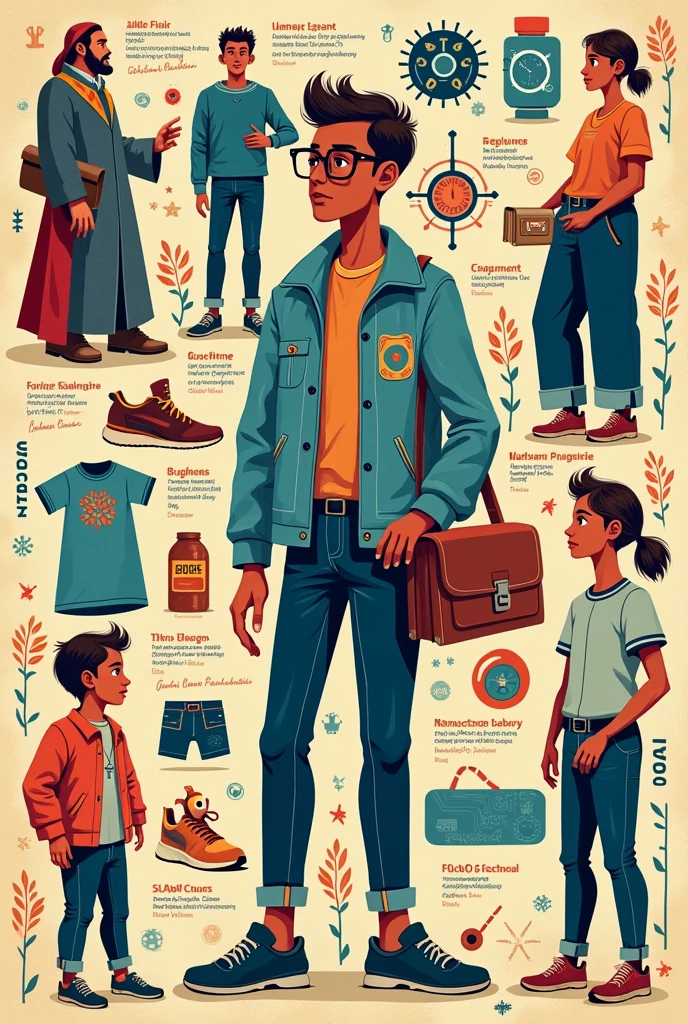 Make me an COLLAGE in paper about the different uses of science and technology in clothes, like past and present, EASY to draw. And make it more understable. Like a cartoon