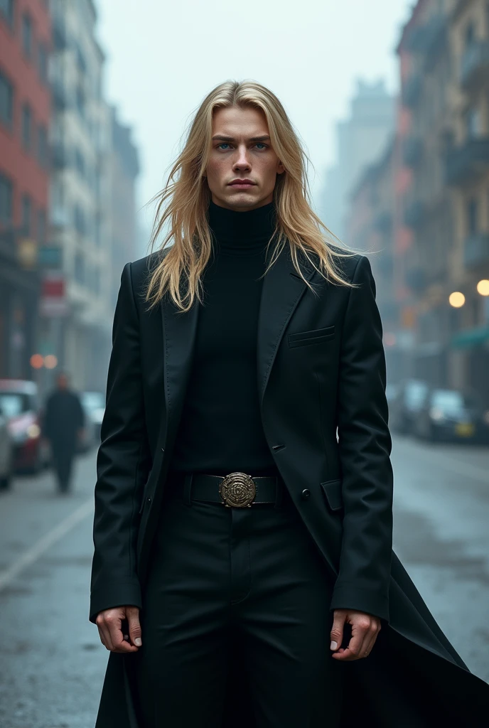 Young man18 , solo, wearing modern outfit black, standing in the city , long flowing blond hair, detailed face, detailed beautiful blue eyes, (intricate:1.3), (arcane aura:1.2), (dreamlike: 1.3), (subtle mist:1.1), (vibrant colors: 1.2), (detailed hair:1.3), (ultra realistic details:1.5),
