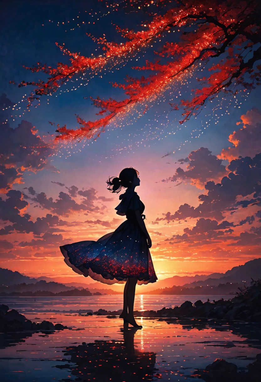 The image depicts a silhouette of a person standing against a stunning sunset background. The sky changes from a deep red near the horizon to a deep blue as it ascends. The person appears to be enveloped in a series of tiny glowing fairy lights, some of which are illuminated, creating a stunning and captivating contrast to the dark silhouette. The person appears to be holding out one arm, perhaps adjusting to or interacting with the lights. The overall mood of the image is peaceful and magical.