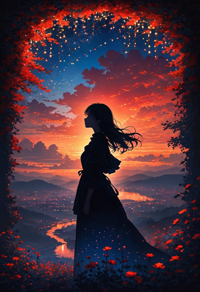 The image depicts a silhouette of a person standing against a stunning sunset background. The sky changes from a deep red near the horizon to a deep blue as it ascends. The person appears to be enveloped in a series of tiny glowing fairy lights, some of which are illuminated, creating a stunning and captivating contrast to the dark silhouette. The person appears to be holding out one arm, perhaps adjusting to or interacting with the lights. The overall mood of the image is peaceful and magical.