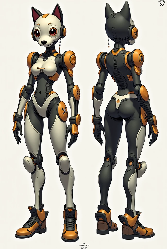 stylized style, Overwatch style female character concept, full body back and front view, robot detailed face with round eyes, dog theme, body covered with armor