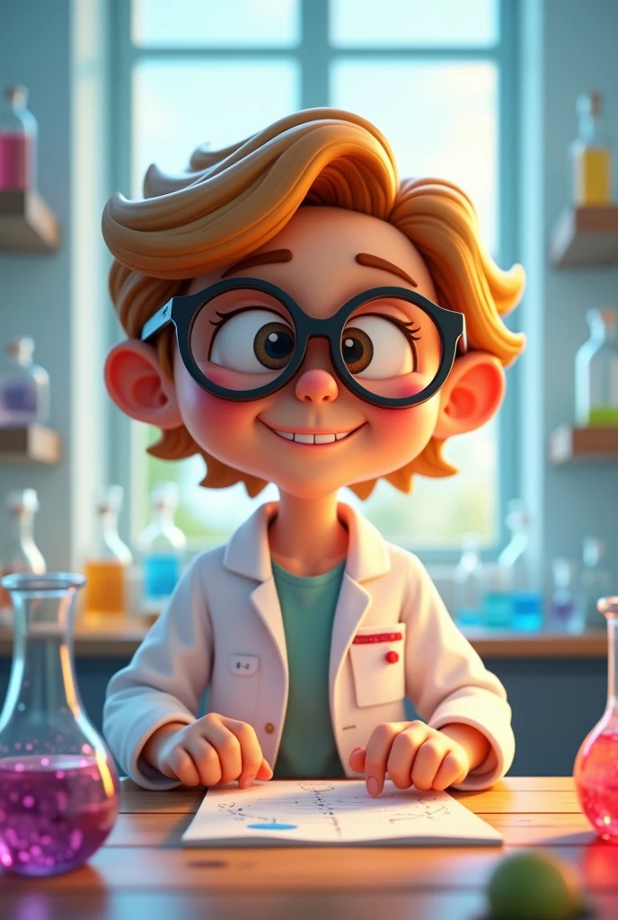 Pixar 3d type tone, I need a young biochemist with wavy honey-colored hair and big glasses, tender look, a beautiful smile, I hope you are enjoying your work in the lab so you can use png on a card