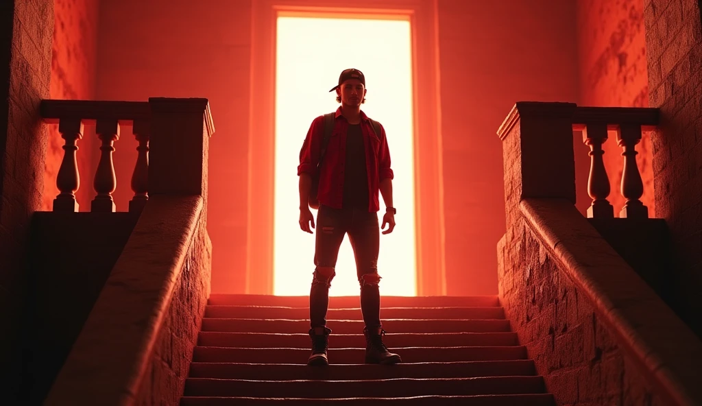 Hyper realistic, depict dramatic scenes with strong color contrasts, especially in shades of red and orange, depicting environments that appear otherworldly. In the middle, there was a white door emitting bright light, with the silhouette of a person standing in the doorway. Face detailed. Look straight ahead. 26yo Indonesian man wearing dark red flannel shirt and dark ripped jeans pants and black hiking hi-shoes with black backward trucker hat, wear dark leather backpack, masculine photoshoot pose, arrogant man expression. On the side of the stairs leading to the door. The setting includes architectural elements such as stairs and railings that have an otherworldly ancient design.