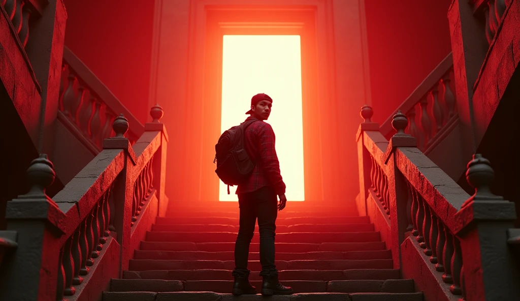 Hyper realistic, depict dramatic scenes with strong color contrasts, especially in shades of red and orange, depicting environments that appear otherworldly. In the middle, there was a white door emitting bright light, with the silhouette of a person standing in the doorway. Face detailed. Look straight ahead. 26yo Indonesian man wearing dark red flannel shirt and dark ripped jeans pants and black hiking hi-shoes with black backward trucker hat, wear dark leather backpack, masculine photoshoot pose, arrogant man expression. On the side of the stairs leading to the door. The setting includes architectural elements such as stairs and railings that have an otherworldly ancient design.