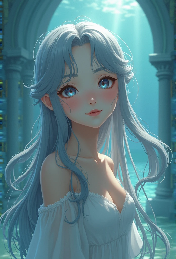 People from Shiotsu々，Atlantis，Teenage Girls，Silver-gray gradient - waist-length hair，Kindness，smile，Water Mist Eye，2D classical painting style