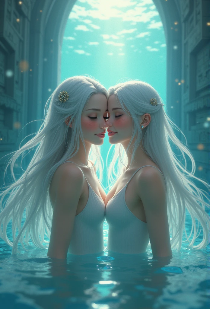 People from Shiotsu々,Atlantis, Girls,Silver-gray gradient - waist-length hair,Kindness,smile,Water Mist Eye,2D classical painting style
