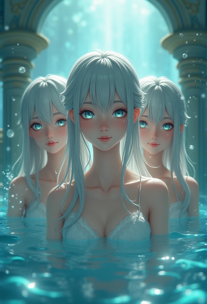 People from Shiotsu々，Atlantis，age Girls，Silver-gray gradient - waist-length hair，Kindness，smile，Water Mist Eye，2D classical painting style