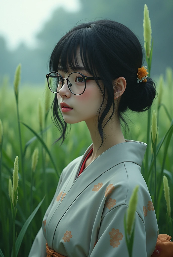Beautiful girl wearing glasses、Celebrating Tanabata alone in a yukata，Tanabata grass，interesting，Monotonous colors
