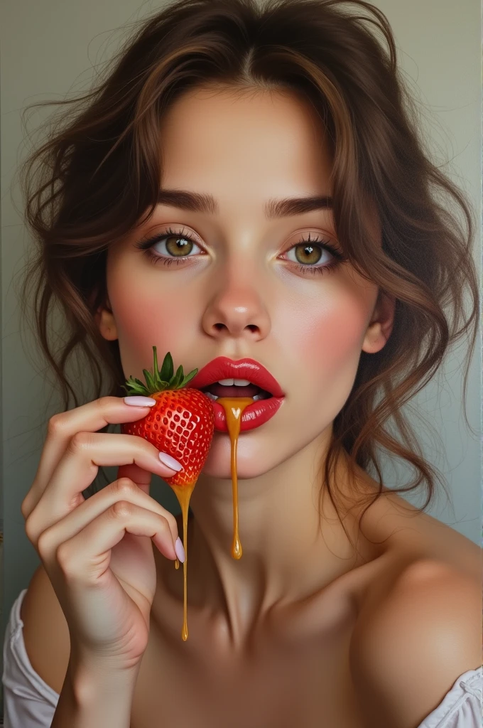 Create a painting of a sexy and beautiful young woman eating a strawberry and dripping dulce de leche down her red lips