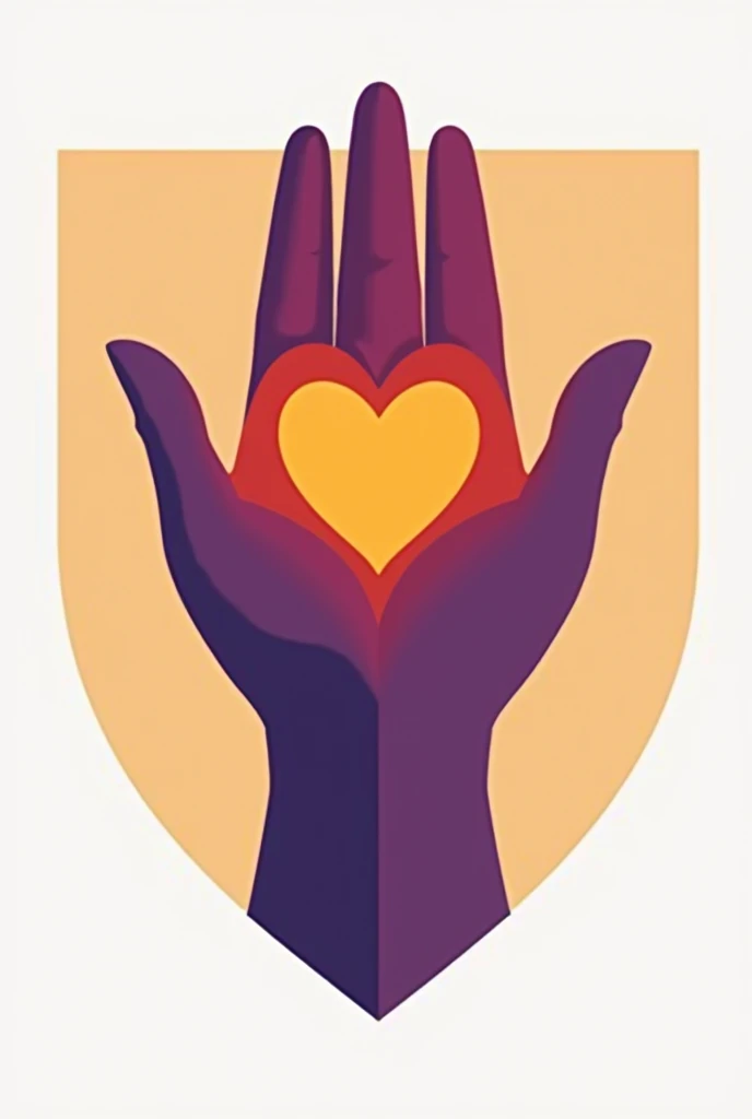 Shield Shape:

The shield has the traditional heraldic shape, but with a more simplified and modern design. The edge is rounded and the shape is that of a shield in a classical style., but less detailed to focus on the central element.
hand:

No centro do escudo, is a stylized open hand. The hand is drawn in a simplified way, with clean lines and defined contours.
The hand is in a vertical position, with the fingers slightly curved outwards, in a gesture of welcome or protection.
The hand design should be robust and well-defined to ensure that the hollow heart in the center is clearly visible..
Heart Vazado:

In the center of the palm of the hand, there is a hollow heart, with well-defined edges.
The heart is large enough to be the focal point and is centered in the palm of the hand.. The heart must be a clear and detachable element, creating a visible contrast with the hand design.
colors:

hand: The hand is a shade of purple. Purple should be vibrant and rich, creating a strong contrast with the background and the heart.
Heart: The heart is a bright shade of orange. The orange should be intense to ensure the heart stands out against the purple of the hand..
Shield Background: The shield background can be a neutral color or even transparent., so that the focus remains on the hand and the heart. If there is a bottom, it must complement, but not compete with the main colors.
name "Comvida":

the name "Comvida" is not included in the shield design, but the central element (the hand and the heart) is enough to convey the desired message and look.
