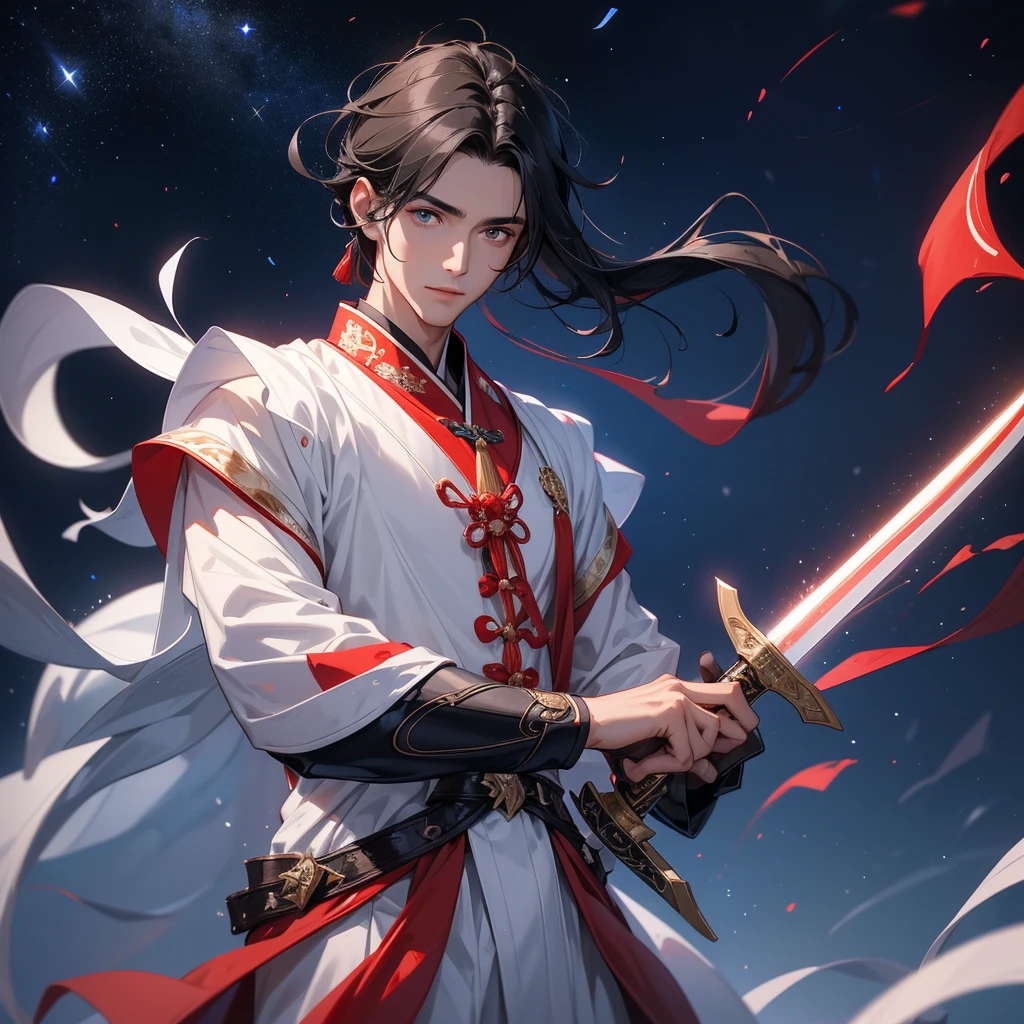 a Handsome black-haired male holding a large sword in white-red ancient Chinese costume, background is a dark night, with moonlight and millions of stars, twinkling everywhere, with blue light, close up.