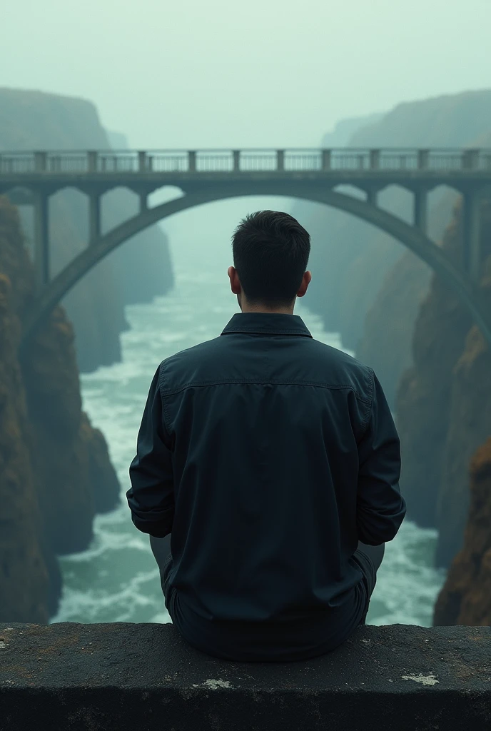 Man from behind sitting on a railing of a bridge ready to jump