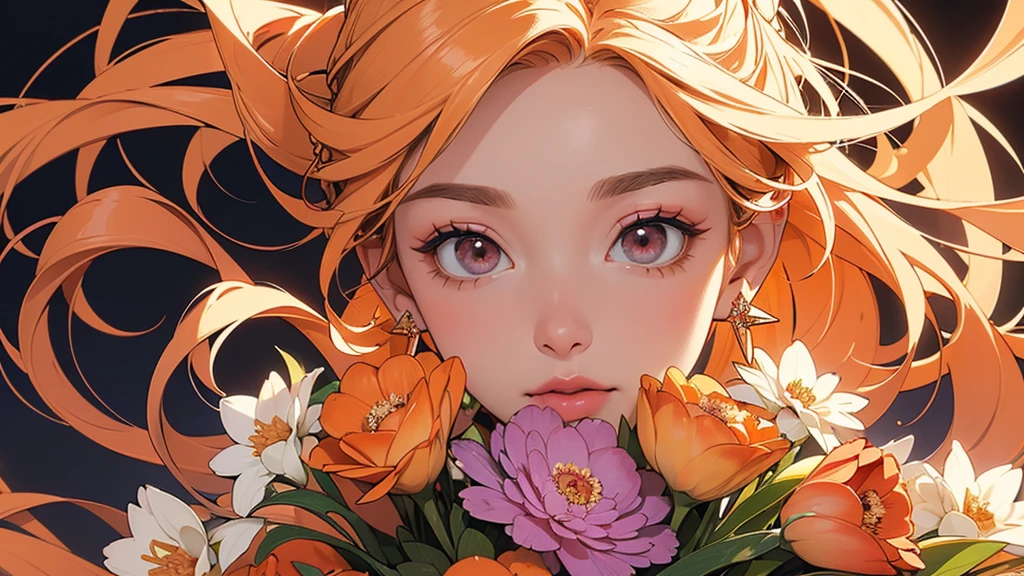 32K, 最高quality, 最高masterpiece, (ultra-Detailed Background, Detailed Background), High resolution, Super detailed, Very detailedな, 1 personの, (bouquet:1.3), (Tangled:1.2), (Geometric:1.2),(colorful),(masterpiece, quality, best quality, Official Art, Beautiful and beautiful:1.2), (1 person:1.3), Very detailed,(colorful:1.1)(Flowers:1.3),Most detailed,(Tangled:1.2), whole body, (Abstract background:1.3), (Skin glows), (Many colors:1.4), ,(Earrings Jewelry:1.5), Pale Orange Background, Gradation, It's imaginative., Flaxen Hair,