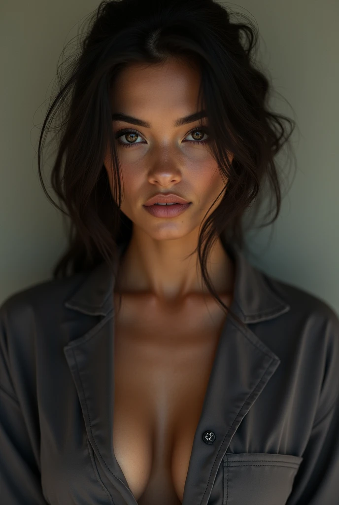 Woman with rounded forehead, thick upper lip, drooping cheekbones, sunken cheeks, face with relaxed tits, inverted nipples, dark skin, Latina, age 22, thin hair, in dark grey pajamas