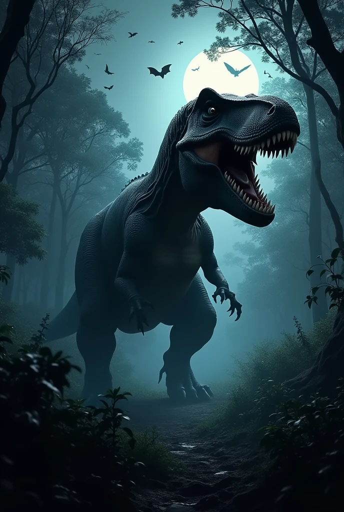 frightful Tiranossauro Rex na floresta africana de noite. Bats flying.  Terror. frightful. fear. 